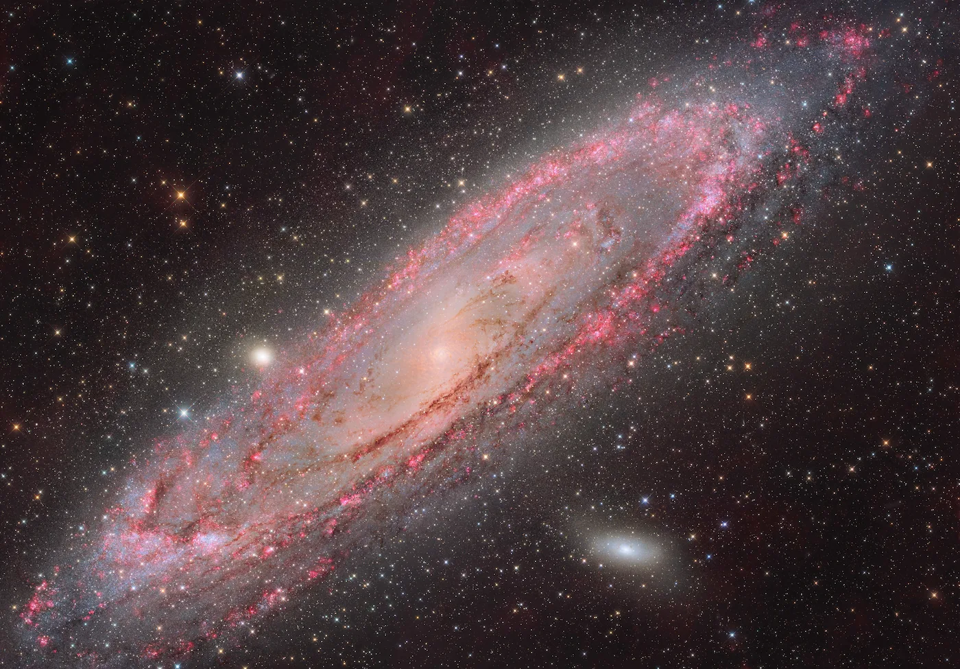An image showing the sweeping spiral form of the Andromeda Galaxy with countless stars glowing nebulae and a bright central core